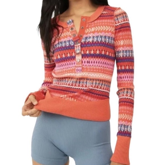 FP Movement ribbed rally layer button front Henley top red, orange, pink. Size L - Picture 1 of 7